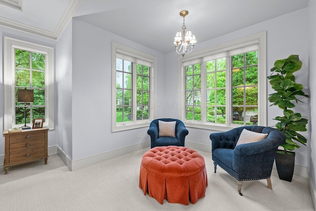 2060 Fontenay Pl, Upper Arlington, OH 43220 - sitting room with baseboards, a chandelier, light carpet, and ornamental molding