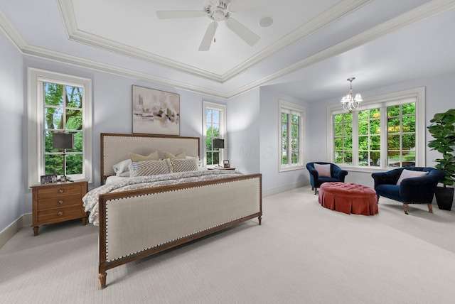 2060 Fontenay Pl, Upper Arlington, OH 43220 - bedroom featuring crown molding, light colored carpet, baseboards, a chandelier, and a raised ceiling