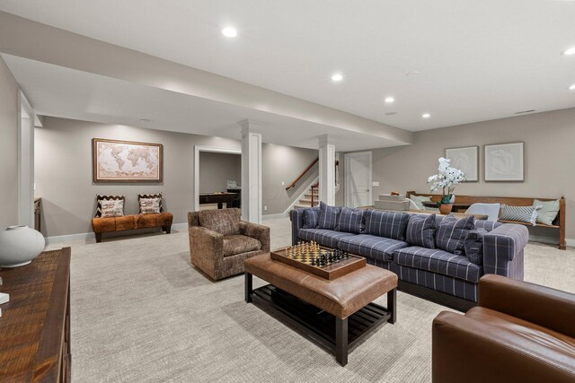 2060 Fontenay Pl, Upper Arlington, OH 43220 - living room featuring light colored carpet, recessed lighting, baseboards, and stairs
