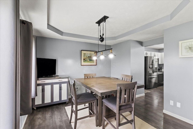 10746 State Route 287, Zanesfield, OH 43360 - dining space with a raised ceiling, dark wood-style flooring, and baseboards