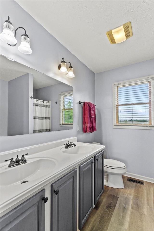 10746 State Route 287, Zanesfield, OH 43360 - bathroom featuring toilet, wood finished floors, double vanity, and curtained shower