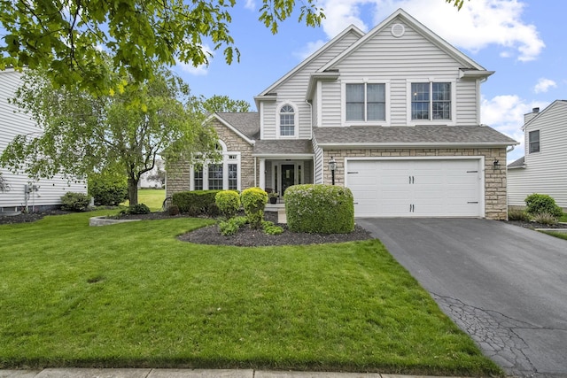 7257 Scioto Pkwy, Powell, OH 43065 - traditional-style house featuring stone siding, driveway, a garage, a front lawn, and roof with shingles
