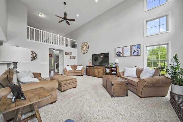 7257 Scioto Pkwy, Powell, OH 43065 - carpeted living area featuring high vaulted ceiling, ceiling fan, and recessed lighting