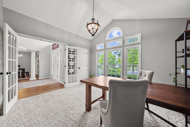 7257 Scioto Pkwy, Powell, OH 43065 - office space with a chandelier, ornate columns, french doors, carpet flooring, and high vaulted ceiling