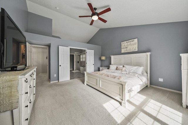 7257 Scioto Pkwy, Powell, OH 43065 - bedroom featuring lofted ceiling, light carpet, baseboards, connected bathroom, and a ceiling fan