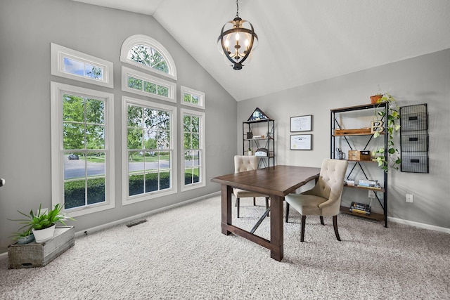 7257 Scioto Pkwy, Powell, OH 43065 - office space with carpet flooring, a chandelier, baseboards, and high vaulted ceiling