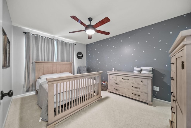 7257 Scioto Pkwy, Powell, OH 43065 - bedroom with light carpet, baseboards, ceiling fan, and wallpapered walls
