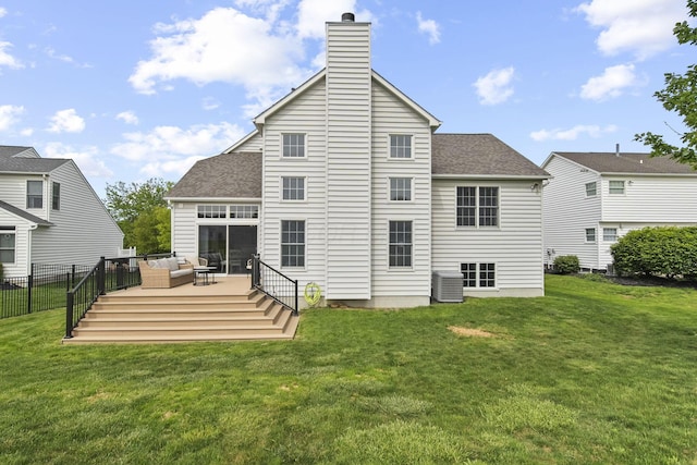 7257 Scioto Pkwy, Powell, OH 43065 - rear view of house with a deck, cooling unit, a chimney, an outdoor hangout area, and roof with shingles