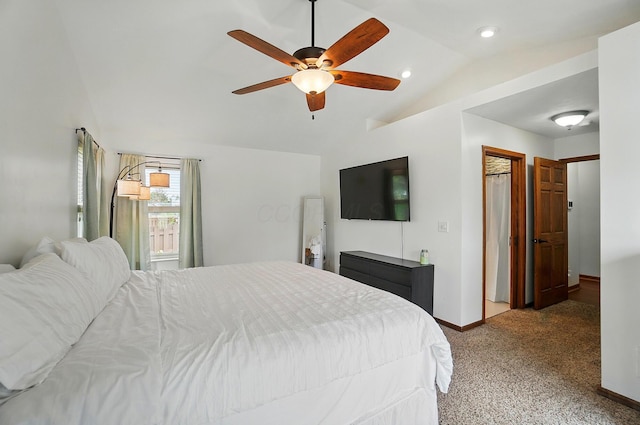 1407 Valley Dr, Marysville, OH 43040 - carpeted bedroom with vaulted ceiling, baseboards, and ceiling fan