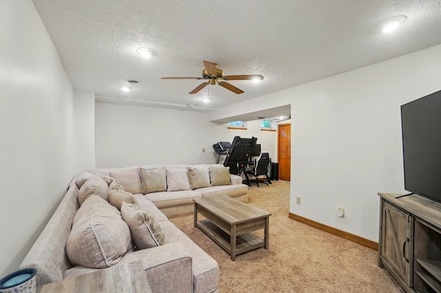1407 Valley Dr, Marysville, OH 43040 - living room with light colored carpet, a ceiling fan, a textured ceiling, and baseboards