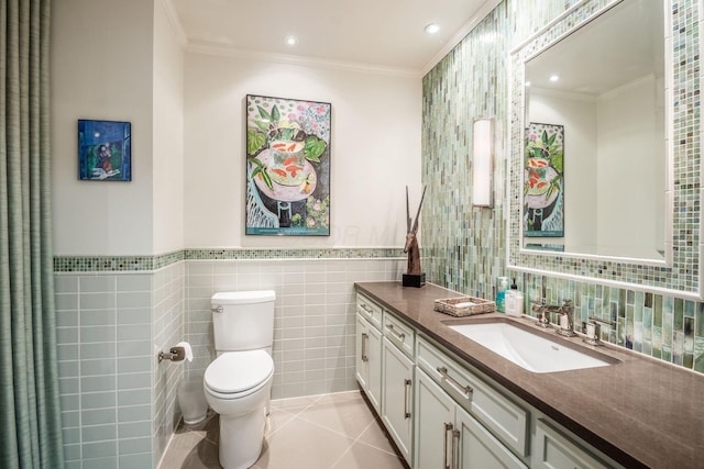 2790 Alliston Ct, Columbus, OH 43220 - bathroom featuring tile walls, vanity, toilet, ornamental molding, and recessed lighting