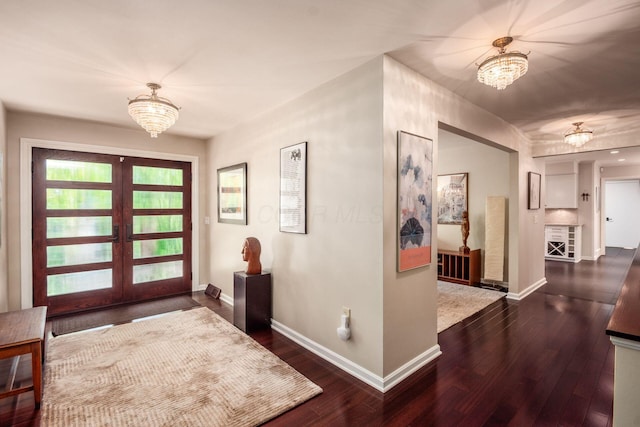 2790 Alliston Ct, Columbus, OH 43220 - foyer with a chandelier, french doors, baseboards, and dark wood-style flooring