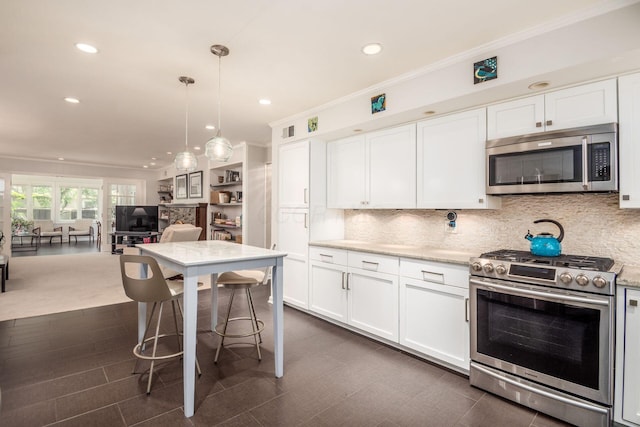 2790 Alliston Ct, Columbus, OH 43220 - kitchen featuring stainless steel appliances, ornamental molding, white cabinets, backsplash, and recessed lighting