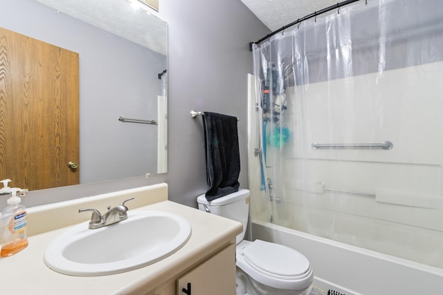 full bathroom with a textured ceiling, toilet, shower / bath combination with curtain, and vanity