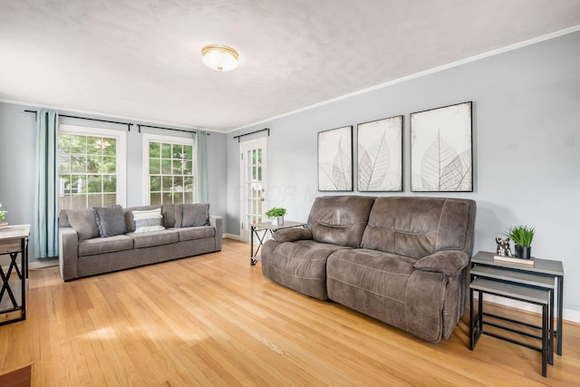 living room with wood finished floors, ornamental molding, and baseboards