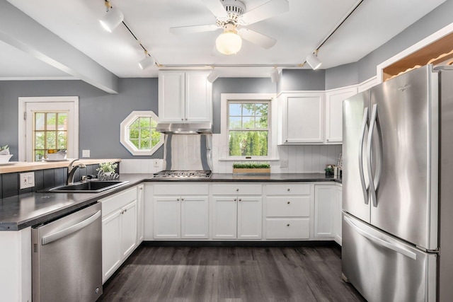 kitchen with appliances with stainless steel finishes, track lighting, a peninsula, a sink, and dark wood-style floors