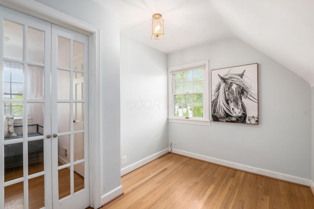 additional living space with lofted ceiling, wood finished floors, baseboards, and french doors