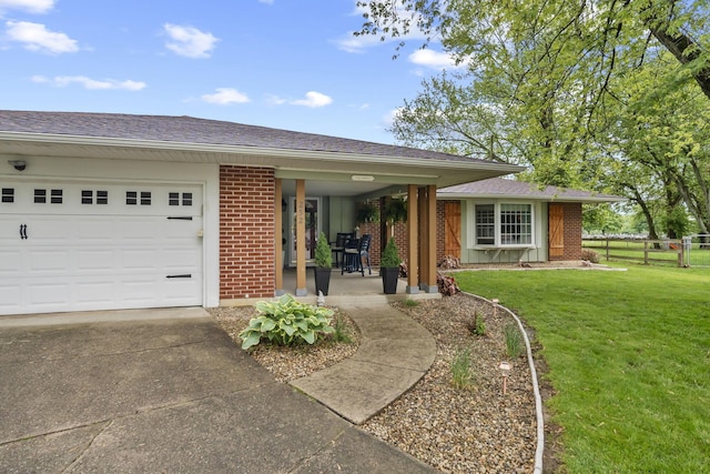 view of front of property with brick siding, an attached garage, concrete driveway, and a shingled roof