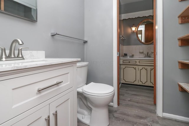 1294 Kings Corners Rd E, Mansfield, OH 44904 - bathroom featuring wood finished floors, toilet, tasteful backsplash, and two vanities