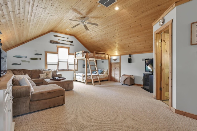 0 Canoe Ln, Thornville, OH 43076 - living room featuring carpet, wooden ceiling, ceiling fan, vaulted ceiling, and baseboards