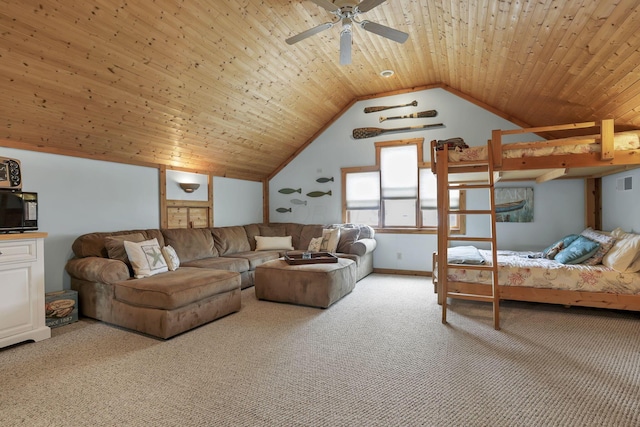 0 Canoe Ln, Thornville, OH 43076 - living room with carpet floors, vaulted ceiling, a ceiling fan, and wood ceiling