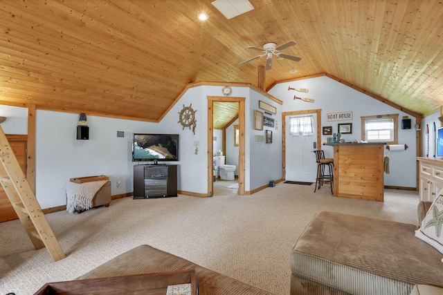 0 Canoe Ln, Thornville, OH 43076 - living room with light carpet, vaulted ceiling, a ceiling fan, wood ceiling, and baseboards