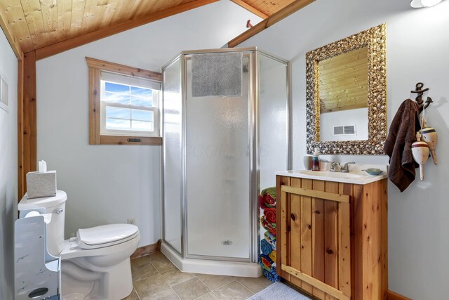 0 Canoe Ln, Thornville, OH 43076 - full bathroom with wooden ceiling, vaulted ceiling, toilet, a shower stall, and vanity