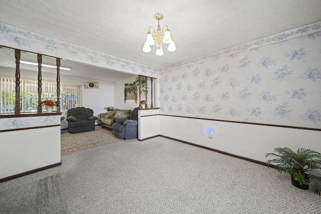 6329 Birkewood St, Columbus, OH 43229 - carpeted living room with a chandelier, baseboards, wallpapered walls, and a textured ceiling