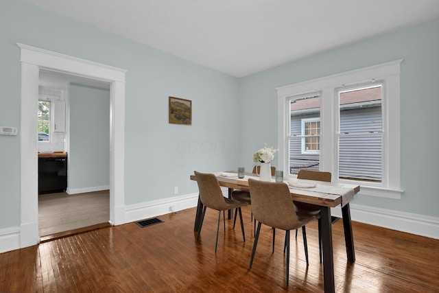 dining room featuring wood-type flooring and baseboards