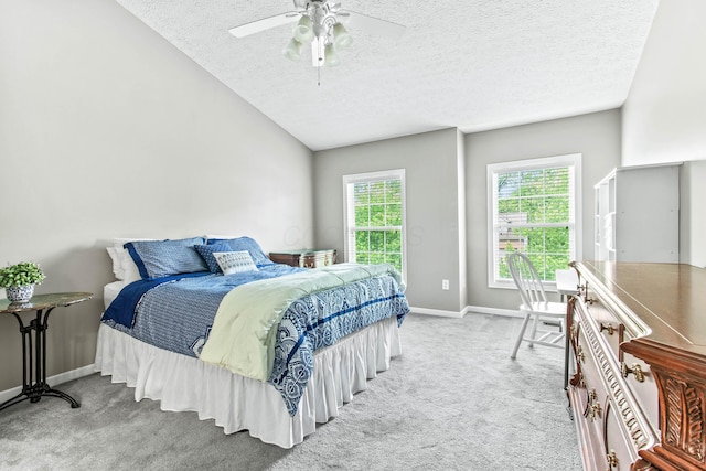 2668 Skelton Ln, Blacklick, OH 43004 - bedroom featuring carpet floors, a textured ceiling, baseboards, lofted ceiling, and a ceiling fan