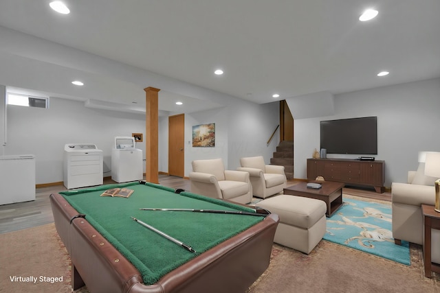 6301 Columbus Rd, Centerburg, OH 43011 - playroom featuring independent washer and dryer, recessed lighting, billiards, and wood finished floors