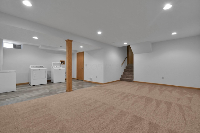 6301 Columbus Rd, Centerburg, OH 43011 - finished basement featuring independent washer and dryer, baseboards, fridge, recessed lighting, and stairway