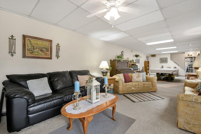 2116 Dunzweiler Dr, Zanesville, OH 43701 - carpeted living area featuring a paneled ceiling, a ceiling fan, and pool table
