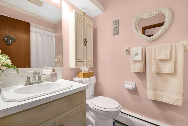 2116 Dunzweiler Dr, Zanesville, OH 43701 - full bath with a baseboard radiator, toilet, a shower with shower curtain, vanity, and tasteful backsplash