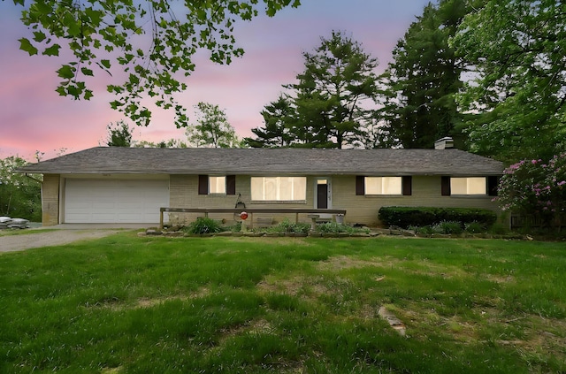 2116 Dunzweiler Dr, Zanesville, OH 43701 - ranch-style house featuring brick siding, a garage, dirt driveway, and a chimney