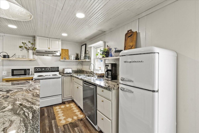11526 Horseshoe Channel Dr, Lakeview, OH 43331 - kitchen with white appliances, open shelves, a sink, wood finished floors, and stone countertops