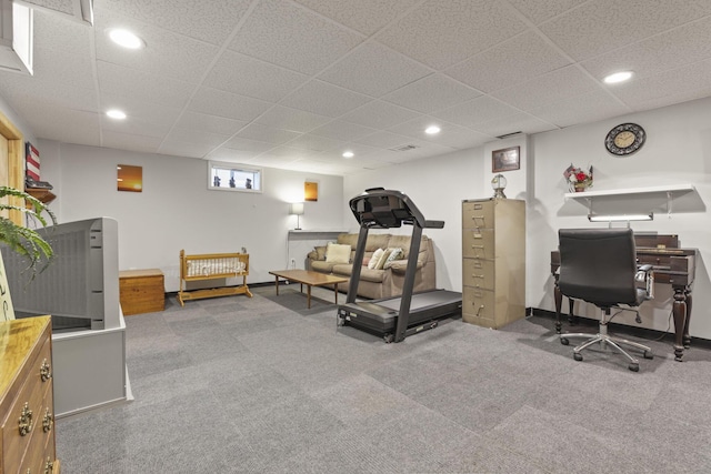 carpeted office featuring recessed lighting, a drop ceiling, and baseboards