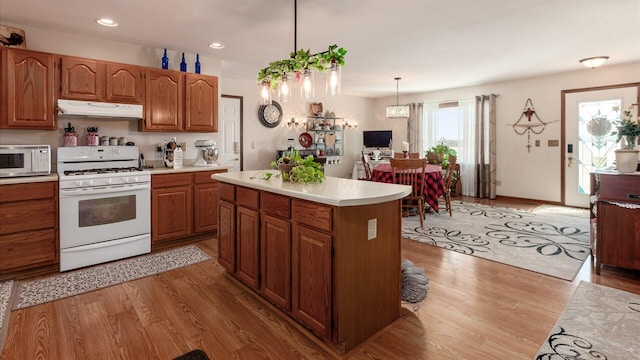 3890 Township Road 70 NW, Somerset, OH 43783 - kitchen featuring white appliances, under cabinet range hood, light countertops, light wood-style flooring, and recessed lighting