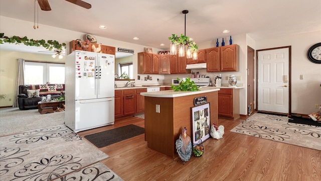 3890 Township Road 70 NW, Somerset, OH 43783 - kitchen featuring freestanding refrigerator, a ceiling fan, under cabinet range hood, light countertops, and a sink