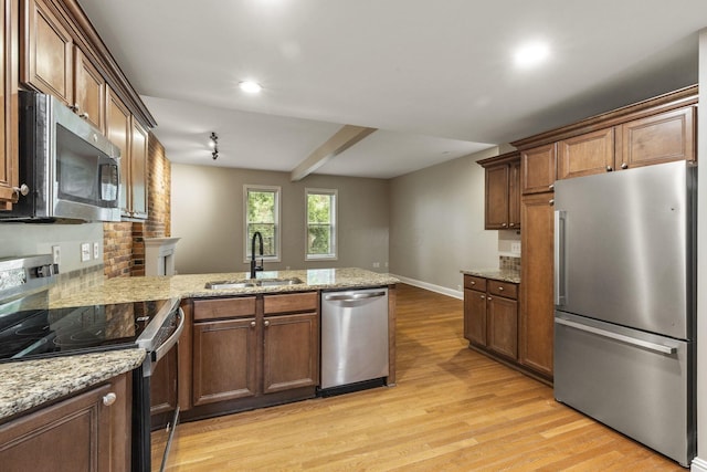 kitchen featuring stainless steel appliances, a sink, a peninsula, light wood finished floors, and recessed lighting