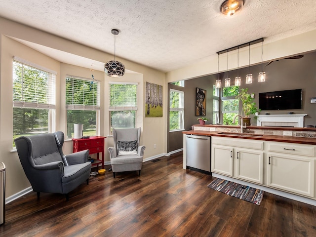 299 Stonhope Dr, Delaware, OH 43015 - kitchen with dishwasher, butcher block countertops, dark wood-style floors, white cabinetry, and plenty of natural light