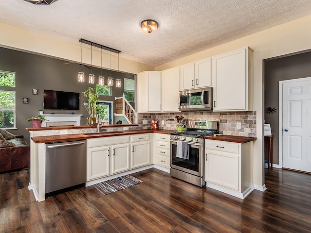 299 Stonhope Dr, Delaware, OH 43015 - kitchen with appliances with stainless steel finishes, open floor plan, a peninsula, butcher block countertops, and a textured ceiling
