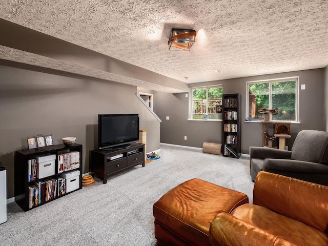 299 Stonhope Dr, Delaware, OH 43015 - living area featuring carpet, stairs, and a textured ceiling