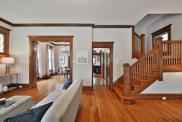459 E Whittier St, Columbus, OH 43206 - living room featuring a chandelier, hardwood / wood-style floors, baseboards, crown molding, and plenty of natural light