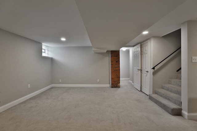 459 E Whittier St, Columbus, OH 43206 - basement with light carpet, baseboards, recessed lighting, and stairway