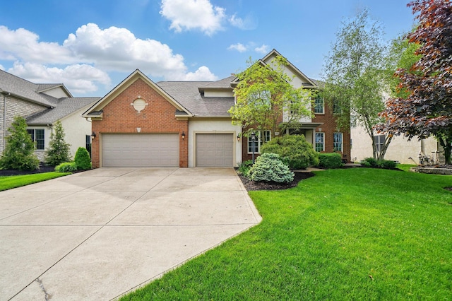 6467 Spring Run Dr, Westerville, OH 43082 - traditional-style home featuring a garage, concrete driveway, a front lawn, brick siding, and a shingled roof