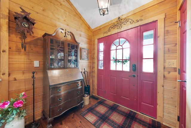 7326 State Route 19 Unit 3, Lots 1-2, Mount Gilead, OH 43338 - entrance foyer featuring vaulted ceiling, wood walls, and dark wood finished floors