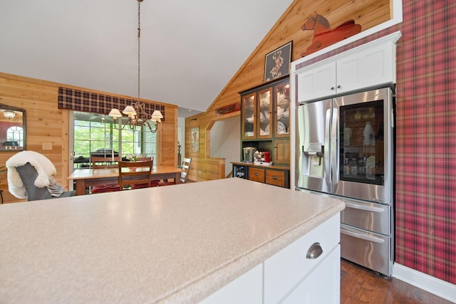 7326 State Route 19 Unit 3, Lots 1-2, Mount Gilead, OH 43338 - kitchen featuring stainless steel refrigerator with ice dispenser, wood walls, a chandelier, light countertops, and glass insert cabinets