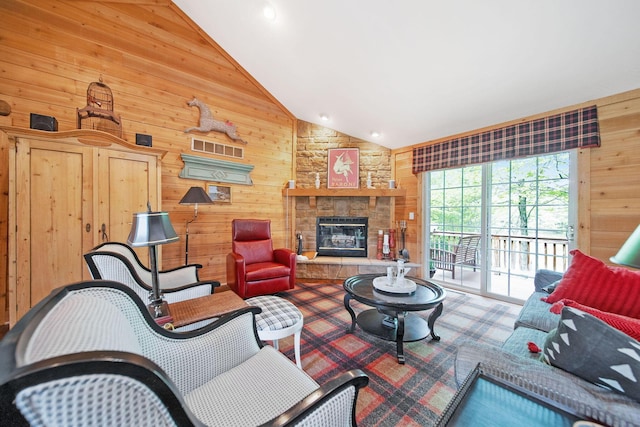 7326 State Route 19 Unit 3, Lots 1-2, Mount Gilead, OH 43338 - living room with wooden walls, high vaulted ceiling, and a fireplace