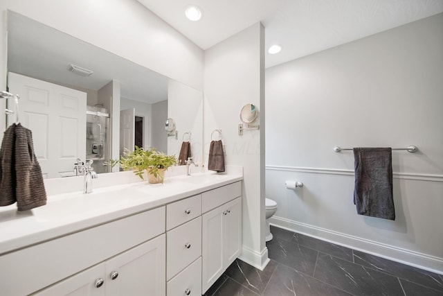 7326 State Route 19 Unit 3, Lots 1-2, Mount Gilead, OH 43338 - bathroom with marble finish floors, toilet, a shower stall, double vanity, and baseboards